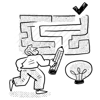 maze, finish, checkmark, goal, lightbulb, pencil, man